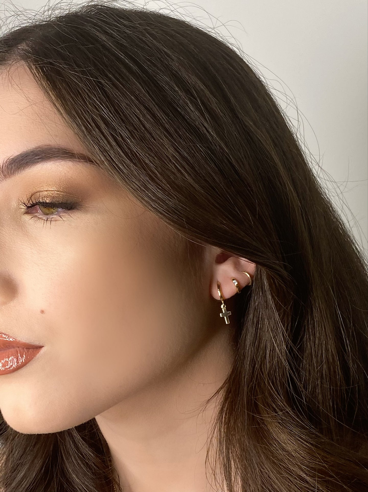 14K Hoop Earrings with Dangling Cross | Single or Pair